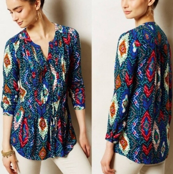 Anthropologie Maeve Top Geometric Print Woven Henley Blouse Bohemian Western - Picture 3 of 13